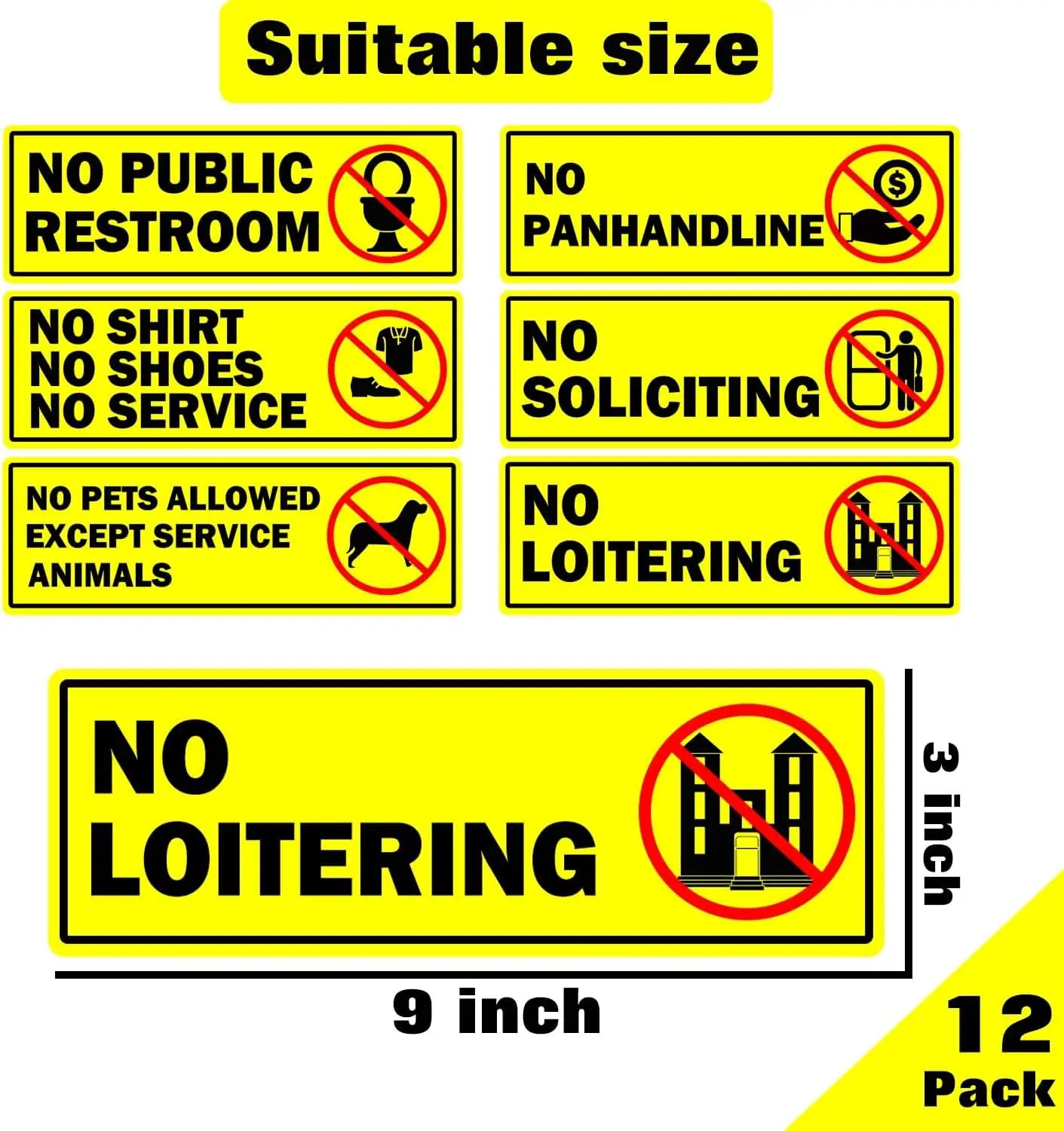 3*9Inch No Public Restroom,No Soliciting No Loitering Stickers Indoor/Outdoor Business Sign for Small Office, Cafe Window 12Pcs