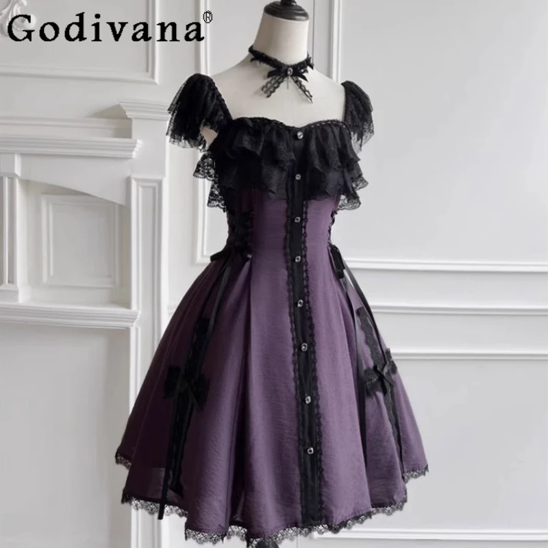 

Summer 2025 New Gothic Mine Purple Dress Girl's Woman's Slim-Fit Flying Sleeves Lo Suspender Dress JSK Y2k Lolita Short Dresses