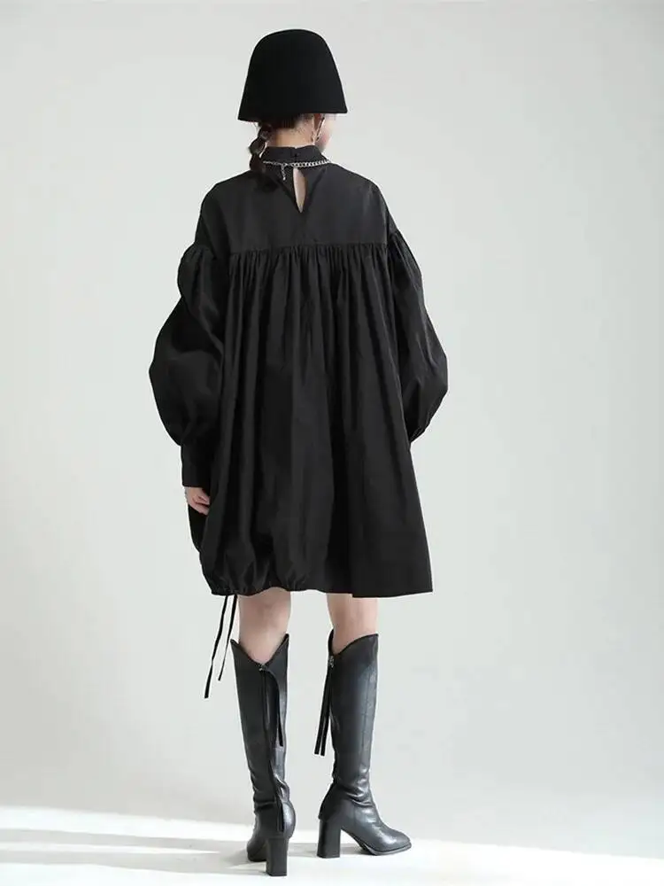 Irregular Women Balck Drawstring Big Size Dress New Stand Collar Long Sleeve Loose Fit Fashion Spring Autumn 2026 WKH6