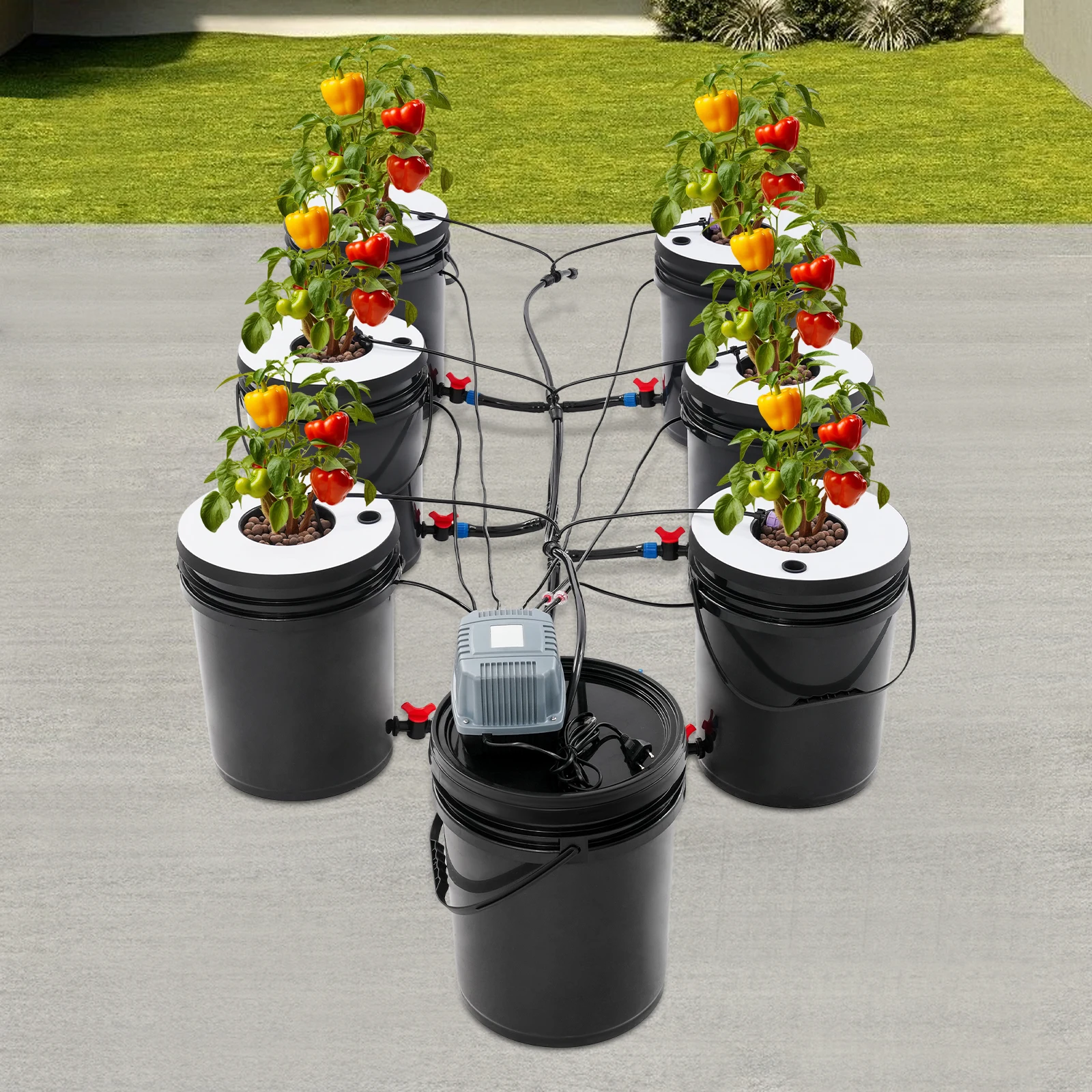 Kit de culture hydroponique en seau pour culture en eau profonde, 7 seaux de plantation de 20 L/4,4 gal, avec pompe à air pour la culture des fraises, de la laitue