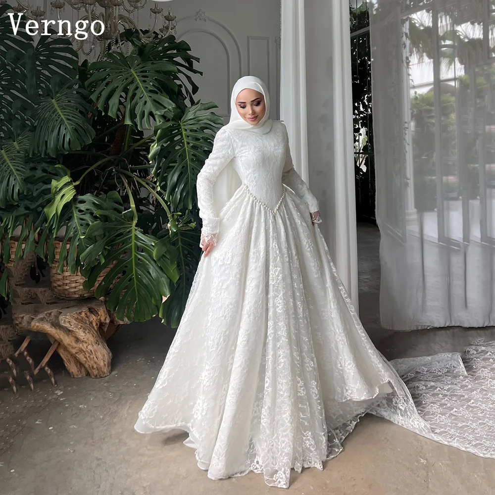Verngo Modernes Spitzenhochzeitskleid, Stehkragen, volle Ärmel, A-Linie, Brautkleider, muslimische, edle, gefütterte Brautkleider, individuell gestaltet