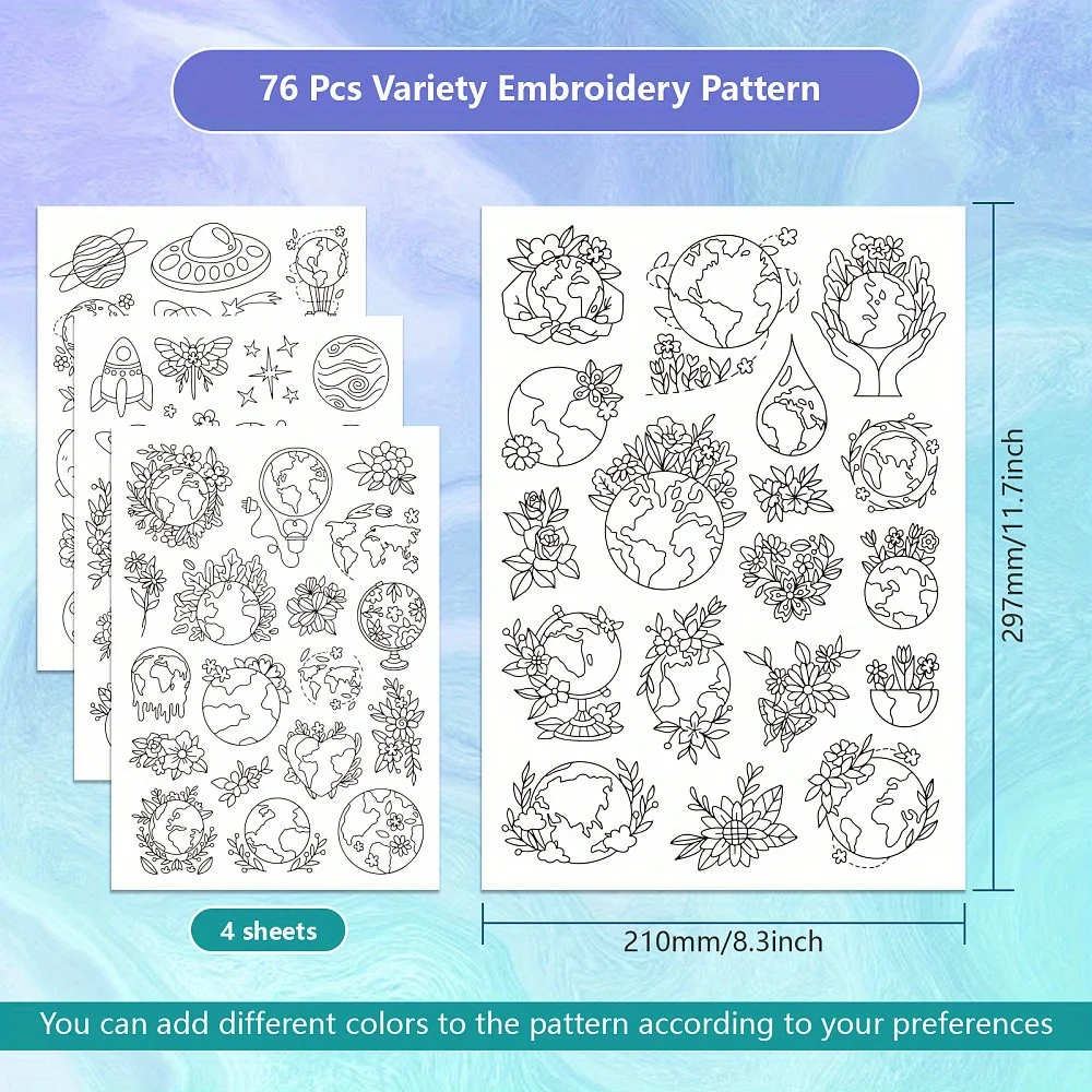 1set 4Sheets 11.6x8.2 Inch Stick and Stitch Embroidery Patterns Space、spaceman theme