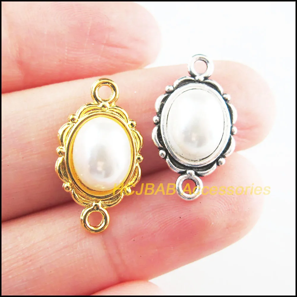 25 Stück Retro Goldfarbe Tibetsilber vergoldet Weiß Acryl Oval Charms Verbinder 12x21mm
