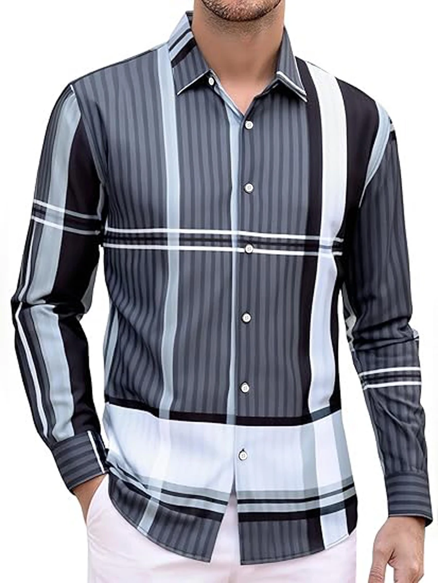 

Men's Simple Business Blue Check 3D Printed Shirt Street Casual Outdoor Breathable Lapel Buttoned Hawaiian Long-sleeved Top Men