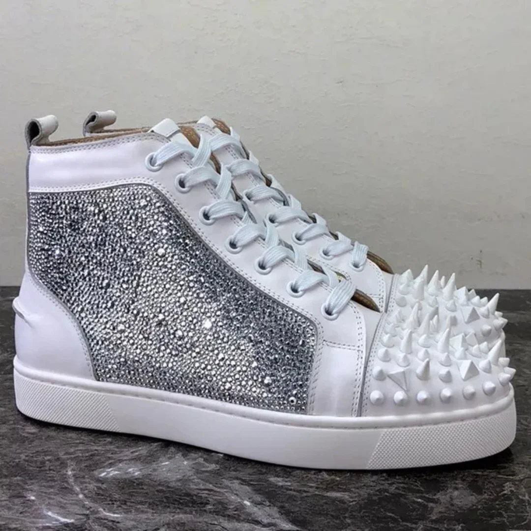 Luxury Crystal Spikes Men Shoes Rivets Red White Platform Sneakers Mens High-Top Lace-up High Quality Motorcycle Shoe Fashion