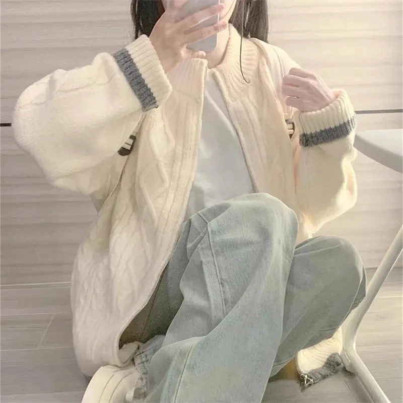 Sweter z panelami Kardigan Kobiety Jesień Zima Słodkie Studenci Baggy Zamki O-neck Zaprojektowany Dzianinowy Przytulny Ulzzang Streetwear Ins