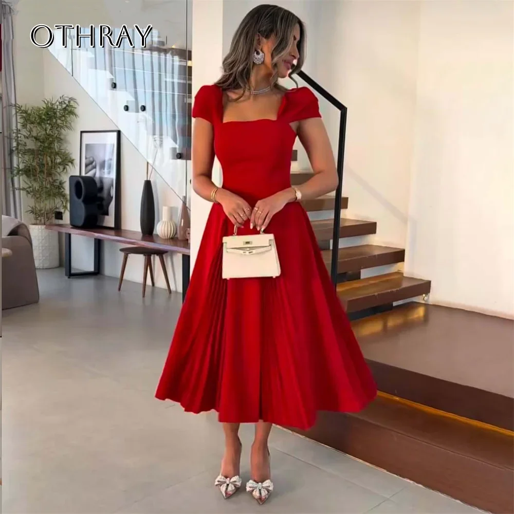 

Simple A-Line Pleated Cap Sleeve Square Short Homecoming Dress Tea Length Customized سيرين هيل فساتين سهره