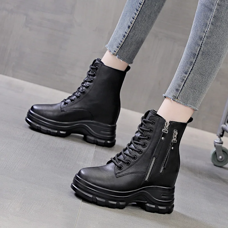 

Black Leather Combat Boots For Women With Lace Up And Side Zipper Design Round Toe Non Slip Chunky Platform Sole Comfortable Cas