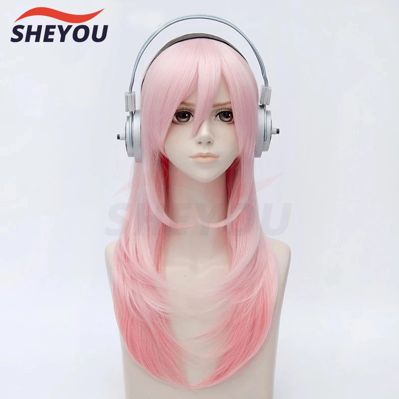 Super Sonico Supersonico 60cm Long Pink Ombre Hair Heat Resistant Cosplay Costume Wig + Toy headset Headphone Prop