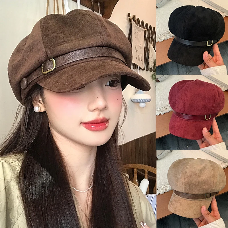 

New Fashion Retro British Style Spring Autumn Suede Beret Women's Versatile Octagonal Newsboy Cap For Big Head Circumference Hat