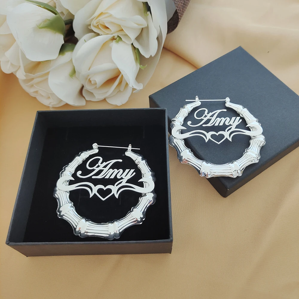 30mm-100mm Bamboo Earrings Customize Name Earrings Custom Hoop Bamboo Style Personality Earrings With Heart-shaped with gift box