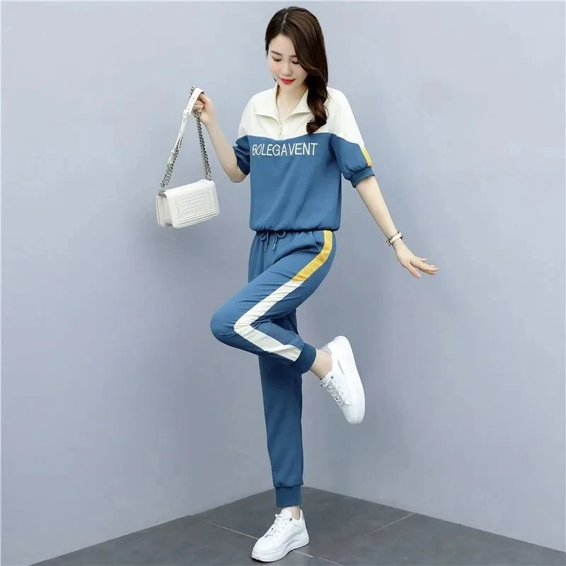 Women Stand-Up Collar T-Shirt And Sports Pant Sets Female 2022 Summer New Fashion Temperament Thin Two Piece Suit Elegant White