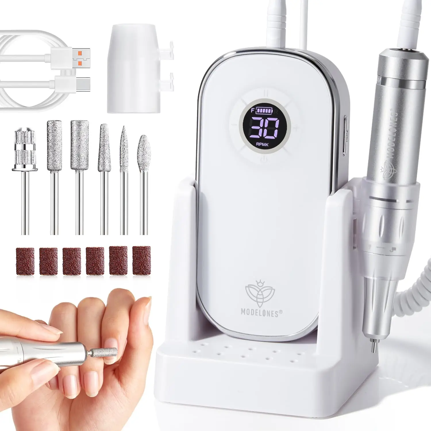 

Modelones Professional Electric Nail Drill, 42000 RPM Portable Cordless Touchscreen 10h+ Runtime Rechargeable Nail Drill Kit