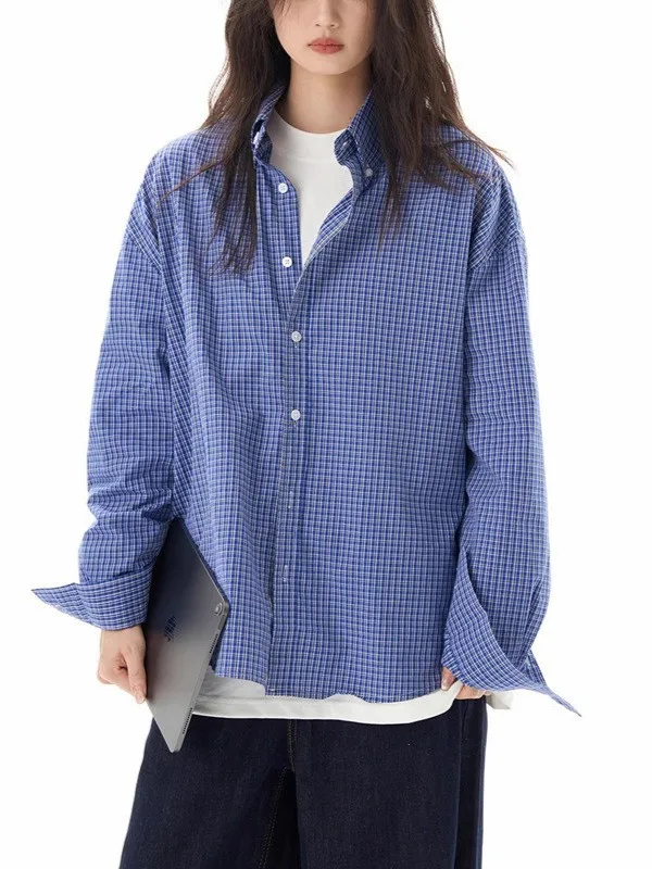 

Women's Blouse Cotton Long Sleeve Shirt Checkered Button Down Shirt Point Collar Casual Shirt Blue Plaid Oversized Fit Overshirt