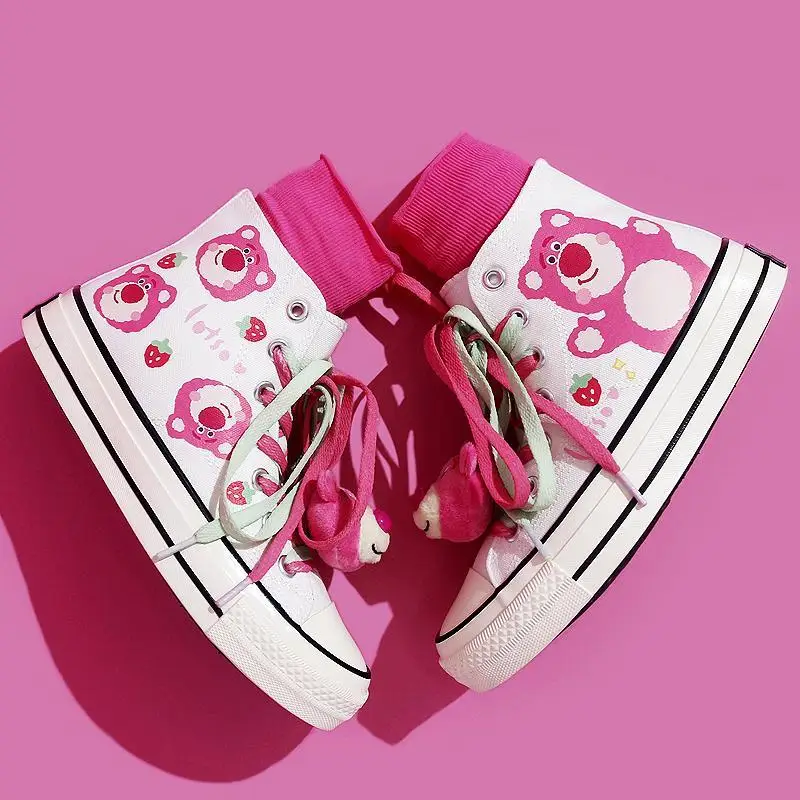 Toy Story Lotso Kawaii Shoes Anime Bear Sneakers High Top Canvas Girl Women Shoes Students Gift Cute Cosplay Costume Prop