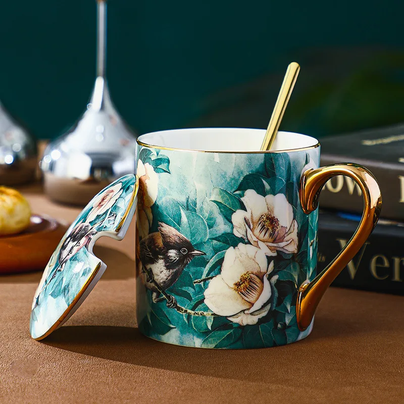 Floral Ceramic Coffee Mug Flower Tea Cup with Lid and Spoon 350ml Teacup with Gold Edge Birthday Christmas Valentines Day