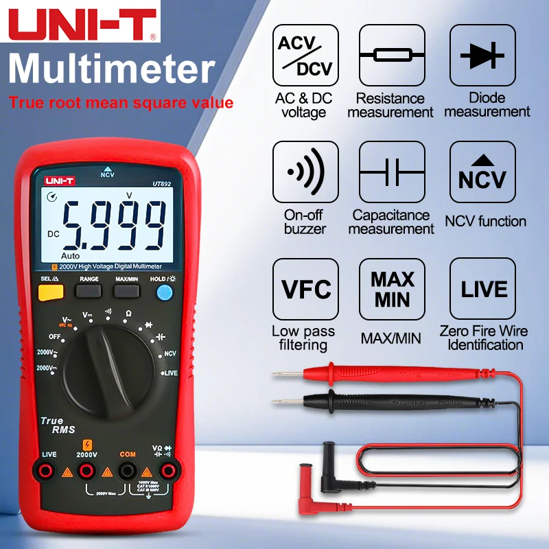 UNI-T Multimeter True RMS  6000 Counts AC DC Tester NCV Backlight Anti-burn Design for Professional Electrician Work