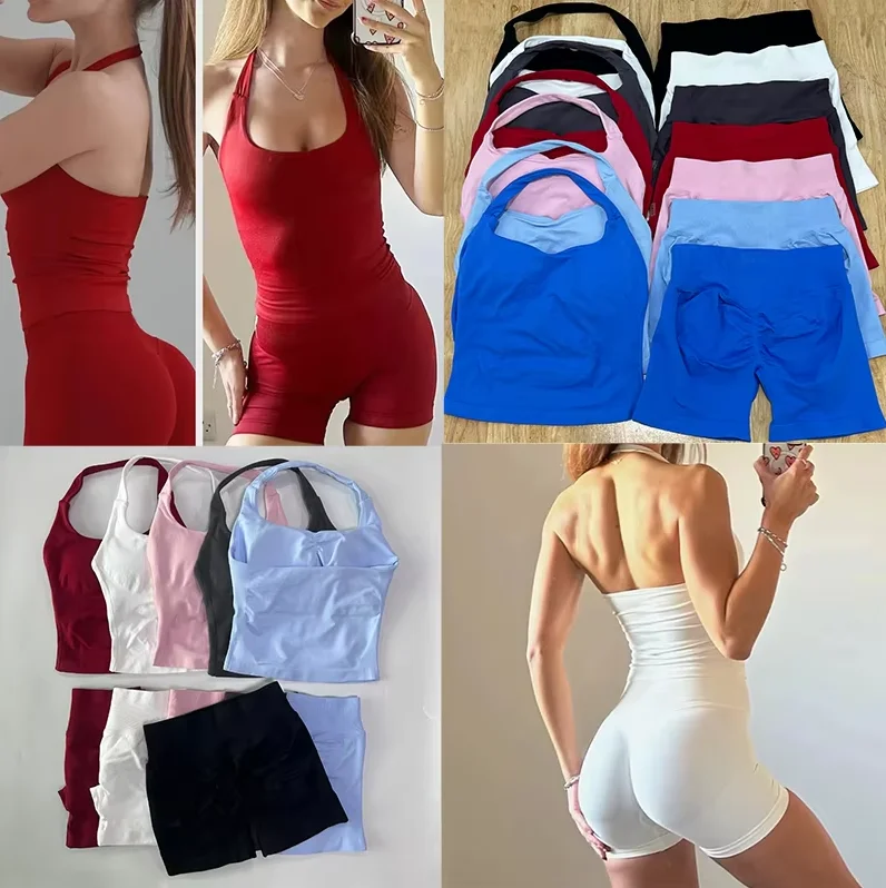 

Summer hanging body sculpting beautiful shoulder strap bra bra and sports yoga shorts solid color comfortable gym clothes