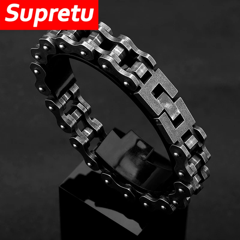 Punk Rock Locomotive Bracelet Men Bicycle Chain Stainless Steel Black Wristband Accessorie Retro Jewelry Send for Boyfriend Gift