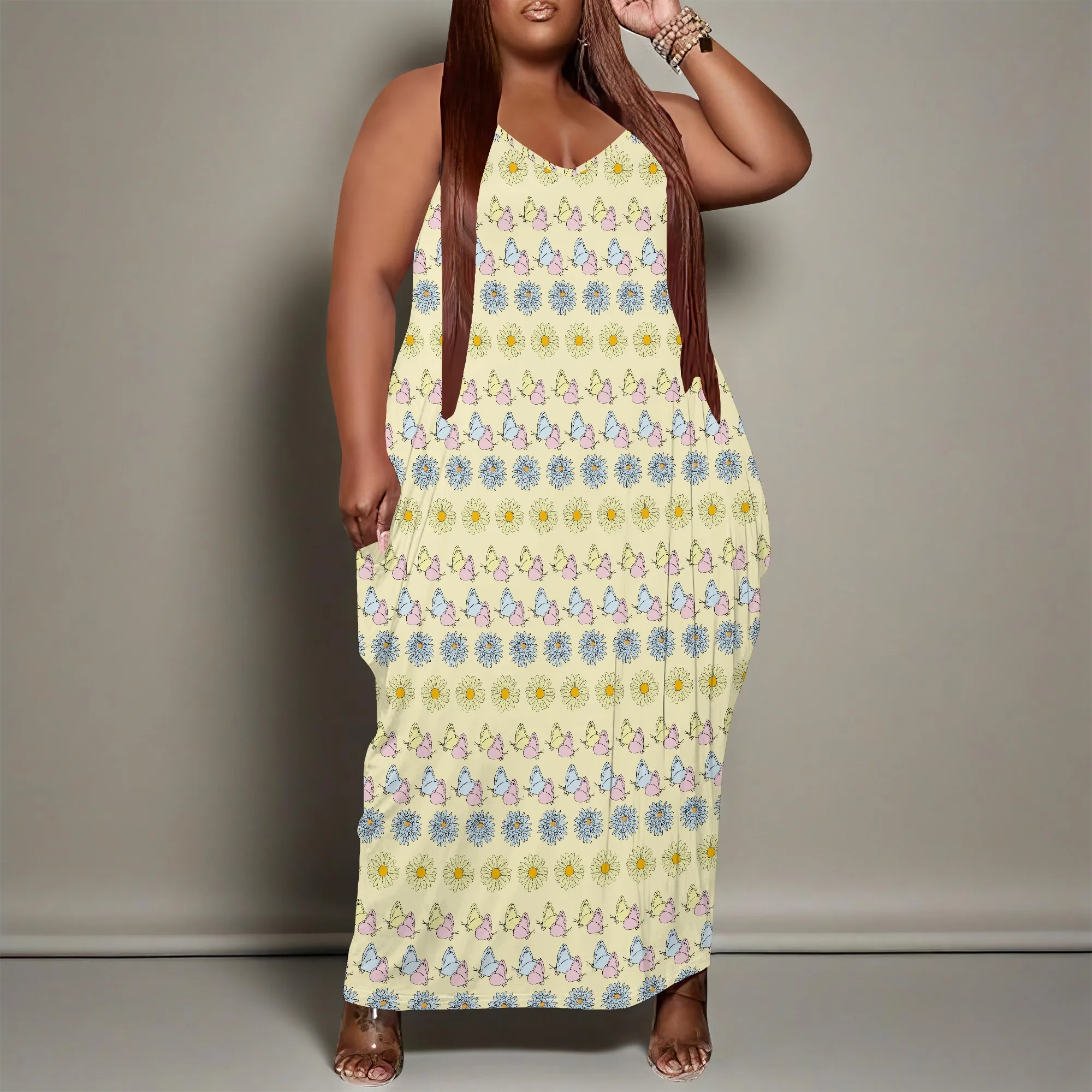 Vestido de talla grande para mujer, vestido largo holgado con bolsillo, transpirable, estampado de mariposa bohemio XL-6XL