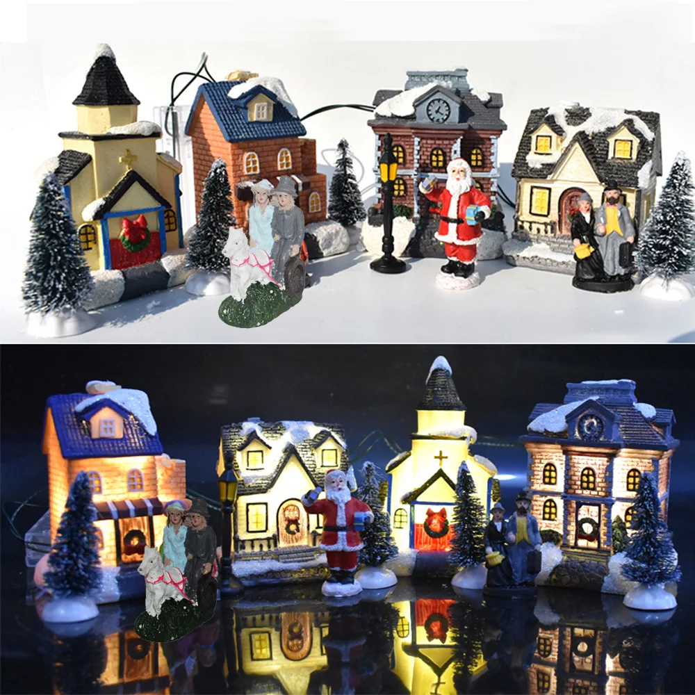 Christmas Village Set Resin Xmas Scene Village LED Lighted Miniature Houses Town Christmas Village Houses Gift Happy New Year