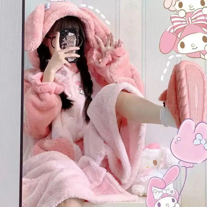 サンリオ マイメロディ レディース 甘いかわいいクリエイティブ漫画パターン冬厚く暖かい柔らかい肌に優しいコーラルフリースドレッシングガウン