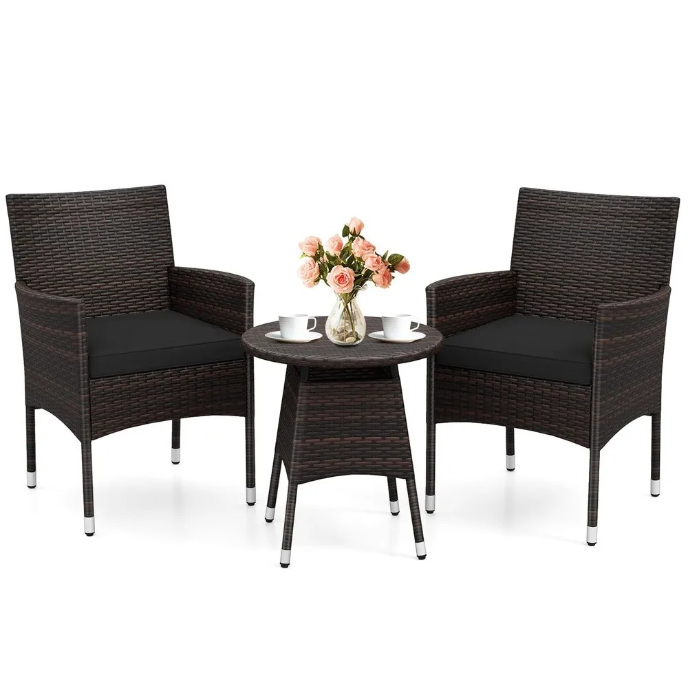 3 Piece Patio Furniture Set Wicker Patio Chairs with Cushions & Round Side Table PE Rattan Outdoor Bistro Set for Porch