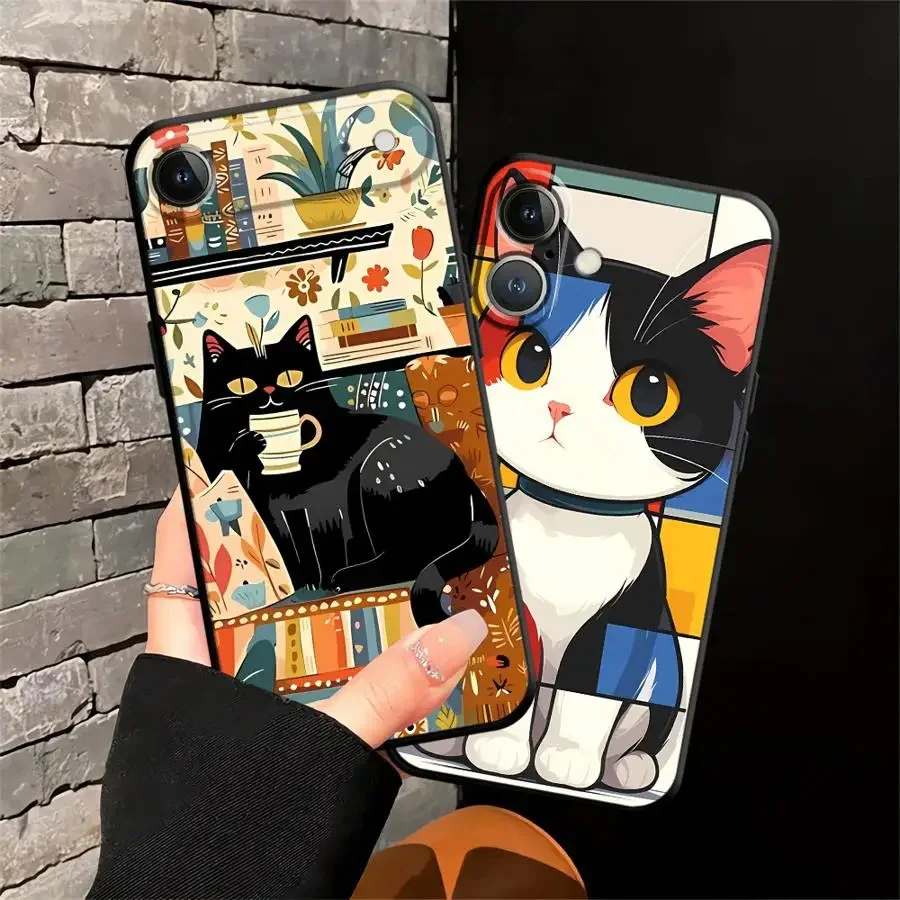 Retro Artistic Cartoon Cat Phone Case For iPhone 16 13 14 12 11 15 17 Pro Max Plus Mini Air SE X XS XR 16e Matte Covers Shells