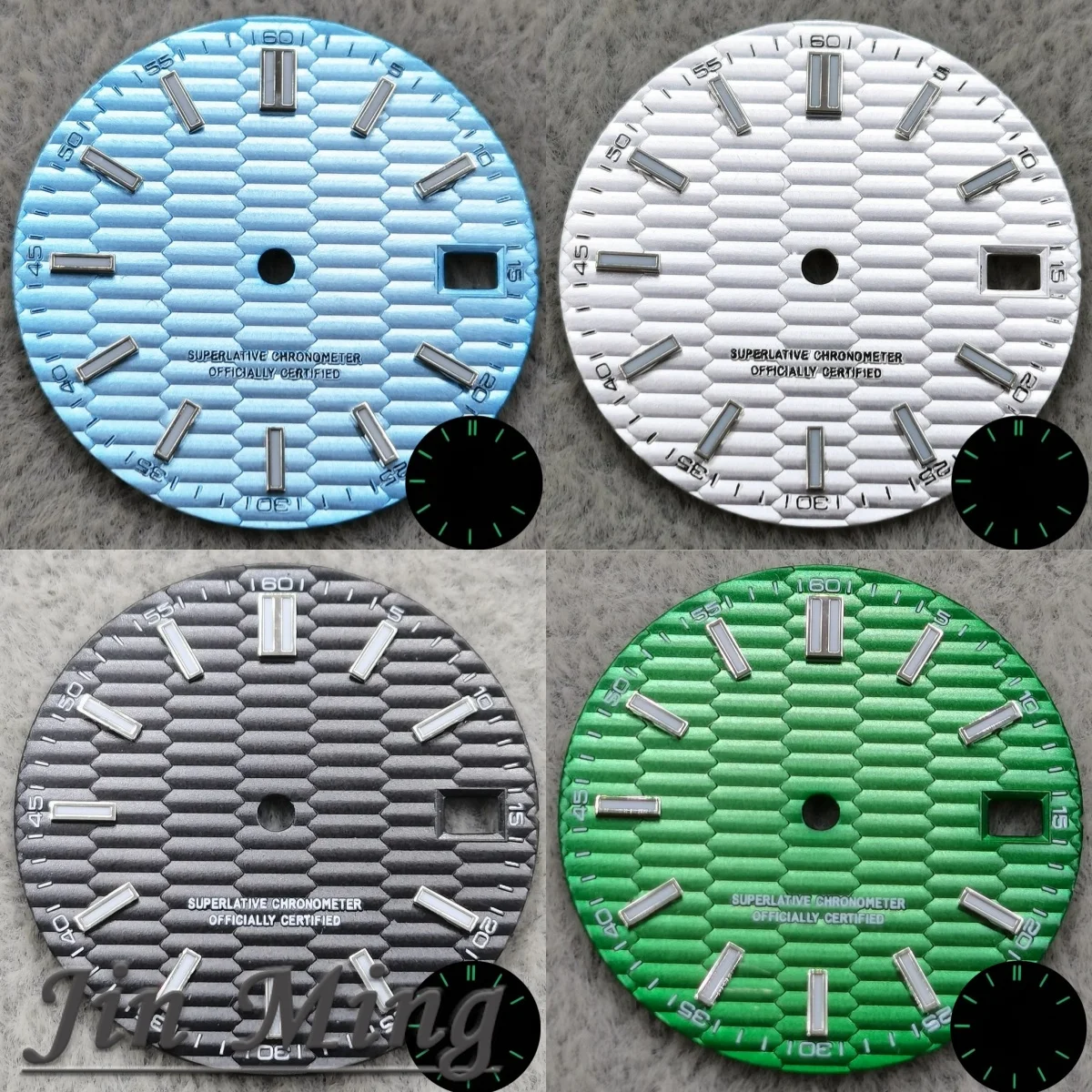 High Quality 28.5mm Dial Fit Watch Luminous Green Date Window Silver Black Blue Aseptic Design with NH35 NH36 4R 7S Movements