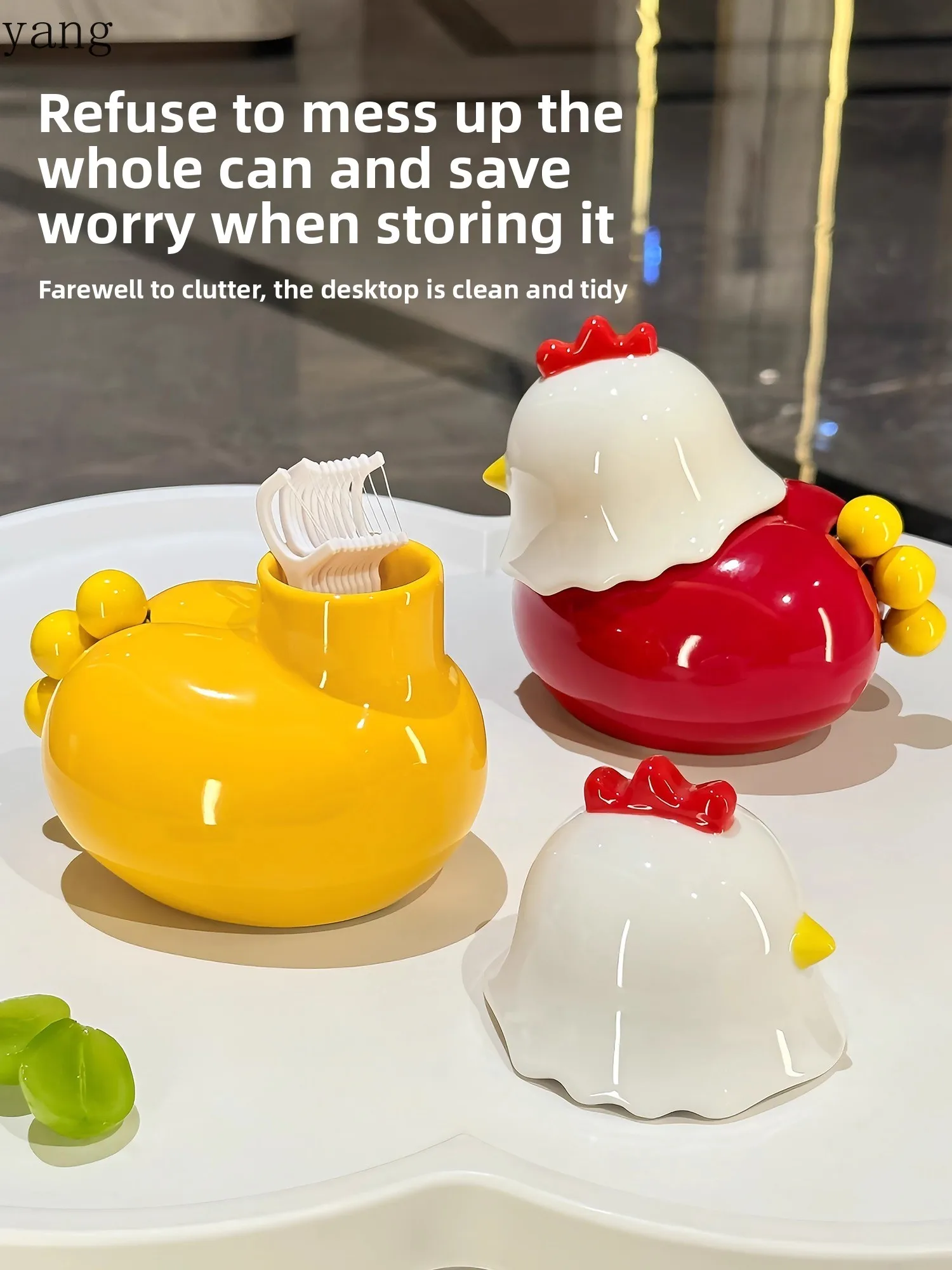 LMM Chicken Ceramic Toothpick Box 2-in-1 Fruit Fork Set Cotton Stick Dental Floss Storage Box