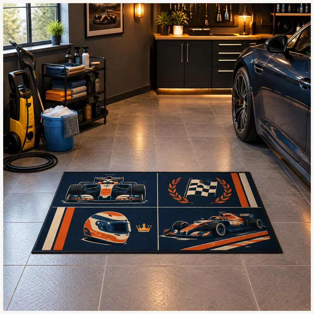 VIKAMA Racing Retro Navy Orange Formula Race Car Flannel Door Mat, Soft Flannel Non-Slip Mat, Garage Decor for Home, Entryway