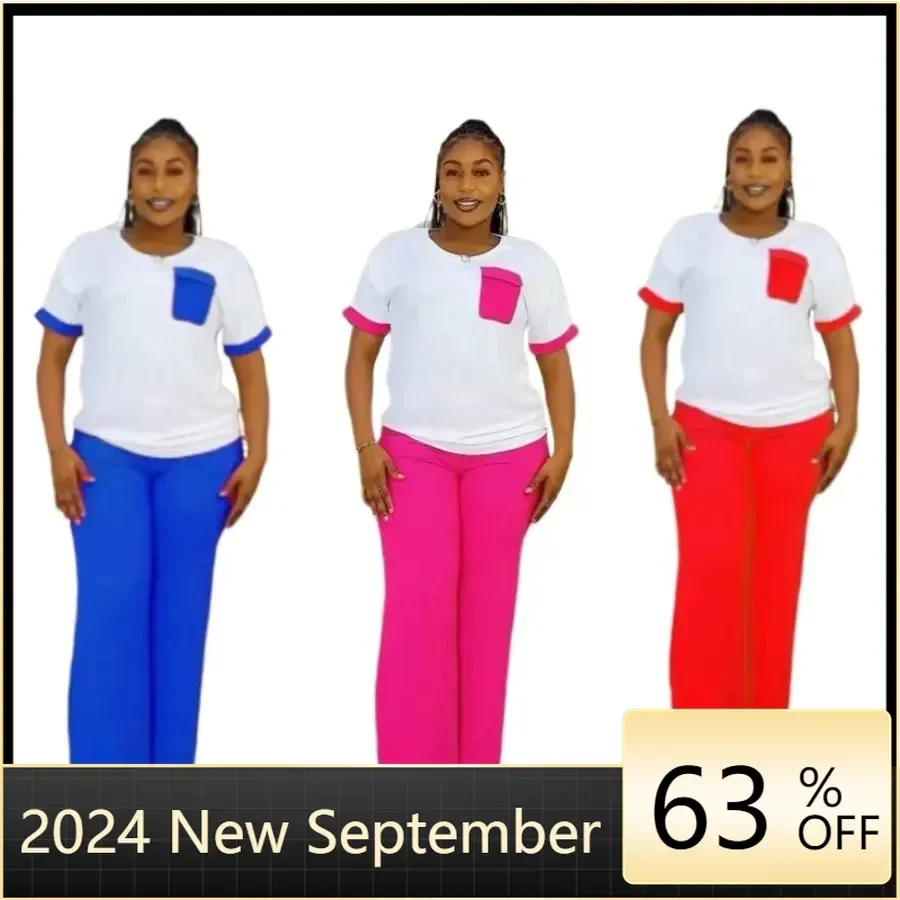 

2 Piece Women Set Dashiki African Clothes Summer Autumn New Fashion Short Sleeve Top And Pants Suit Party Lady Matching Sets