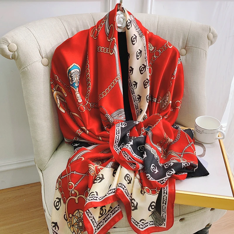 

180*90cm Luxury Brand Women Summer Silk Scarves Shawl Lady Wrap Soft Female Europe Designer Beach Stole Bandanna Foulard Muffler