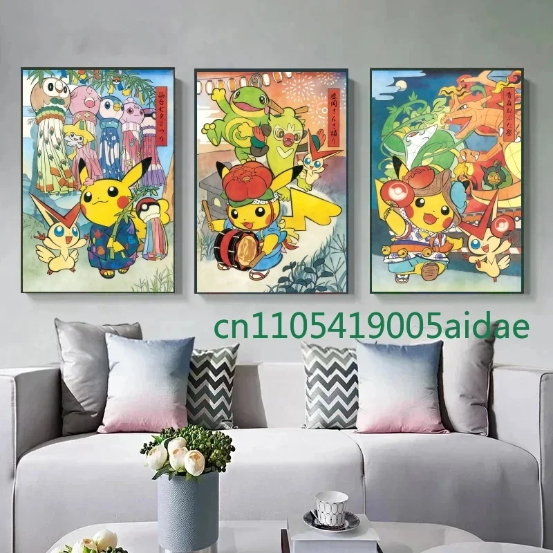 

Japanese Anime Peripheral Pokemon Poster Decor Pikachu Charizard Painting Wall Art Watercolor Canvas Painting Modern Room Decor