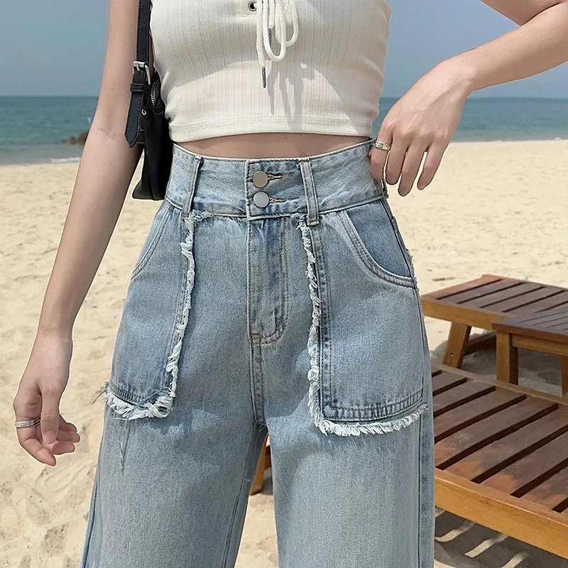 Women High-waist Plus-size Women Jeans Loose Small Person Straight Crotch Versatile Slimming Trousers Baggy Jeans Size XS-2XL