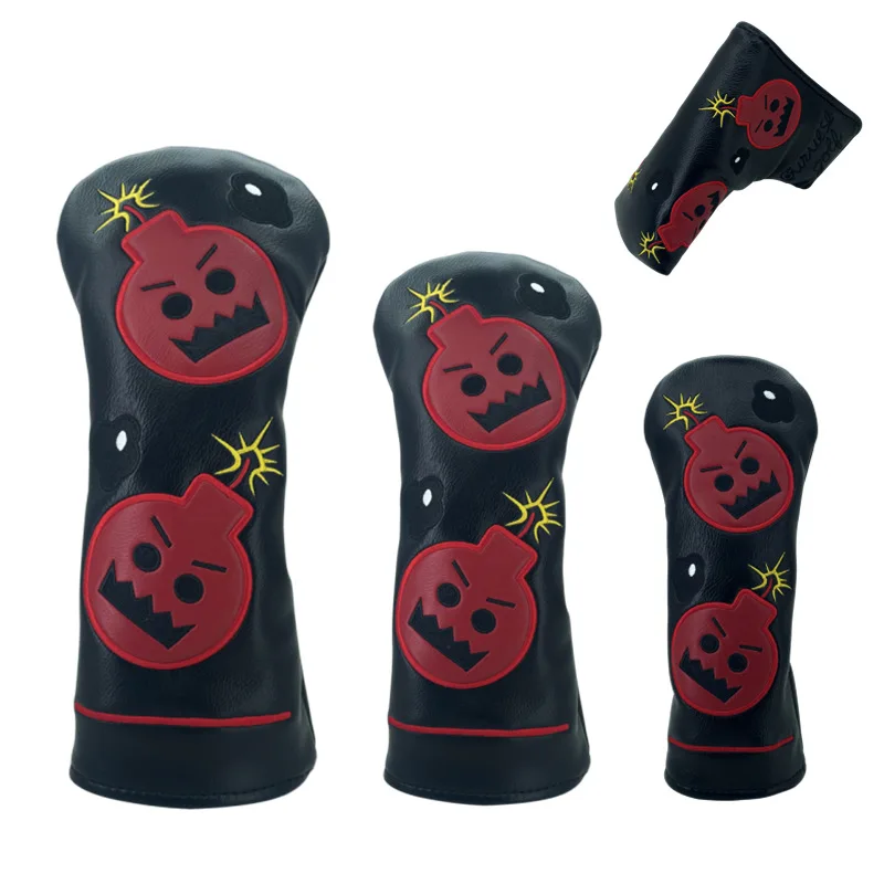 

Devil Bomb Golf Headcover Set Cartoon Style 1 Fairway Wood & Putter Cover PU Leather Driver Head Protector for Clubs