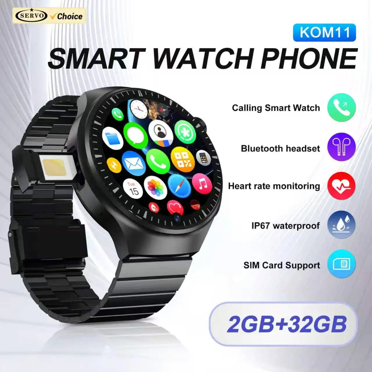 SERVO KOM11 4G LTE Smart Watch Phone Waterproof Android OS 2GB+32GB Heart Rate Face Unlcok WiFi GPS Smartphones One SIM Standby