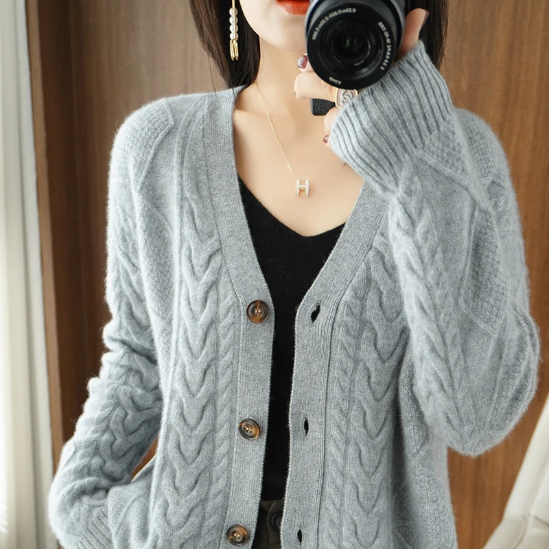 Cashmere Sweater Women New Knit Coat 2024 Spring High-End Large Size Female Jacket Warm Tops 100%Pure Wool Cardigan Twist Shirt