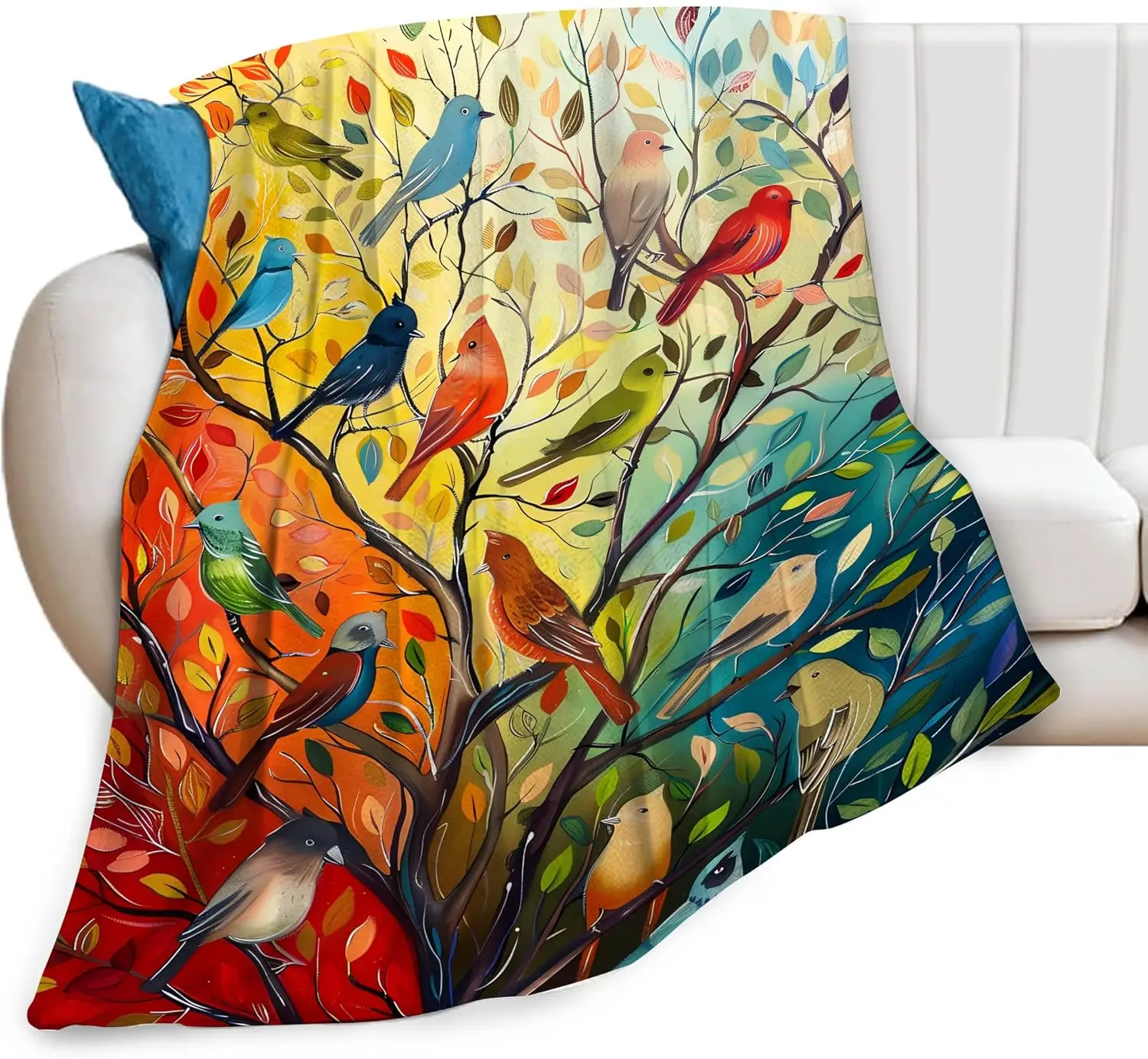 Colorful Birds Autumn Tree Leaf Art Print Flannel Blanket Fashion Sofa Bedroom Warm Throw Blanket For Home Leisure Camping Daily