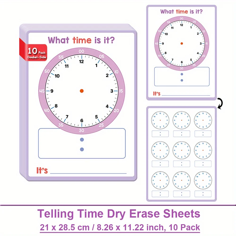 10Pcs Dry Erase Clock Chart for Kids Learning Time Minute & Hour Hand Demonstration Clocks Educational Math Poster Teaching Aids