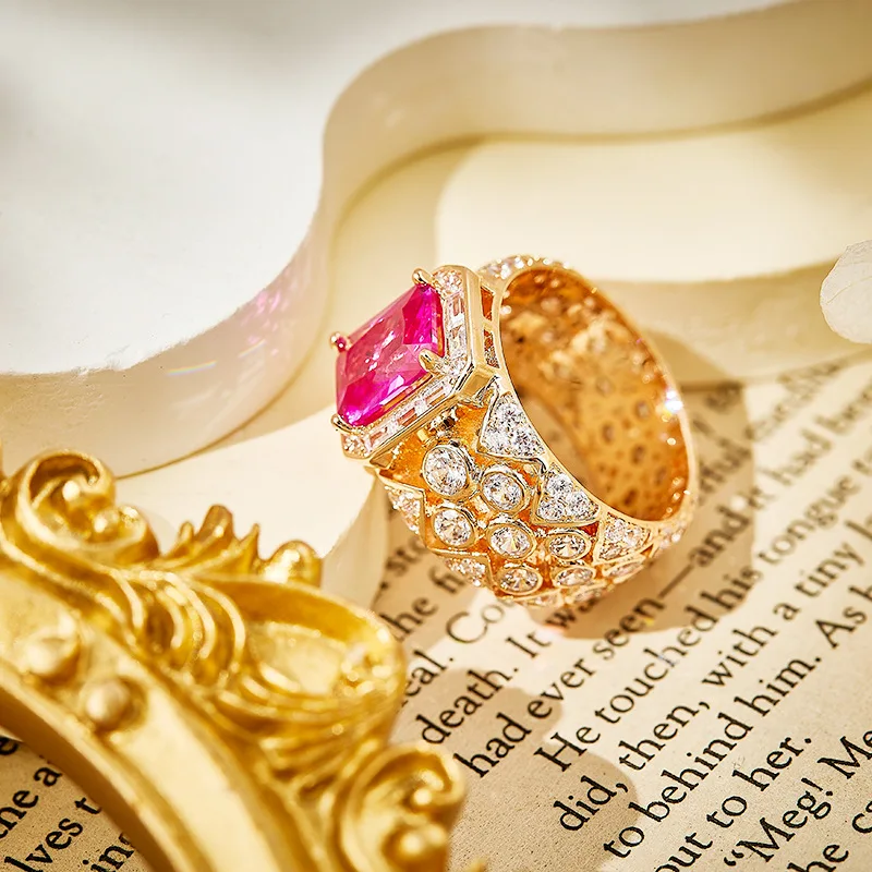 Designer Collection Style High-end Women Lady Hollow Out Inlay Cubic Zircon Artificial Pink Corundum Plated Gold Party Ring image 4
