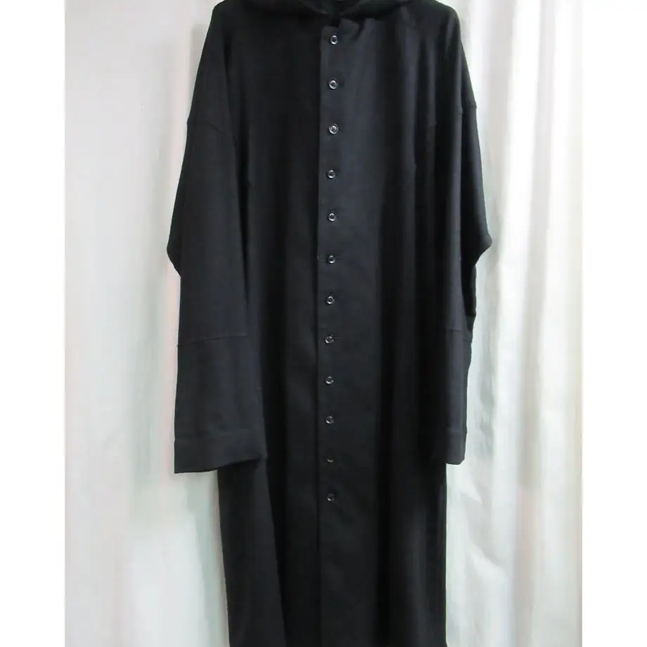TOP-YAMAMOTO ® Loose black hooded trench coat for women, mid-length, loose silhouette, simple and elegant