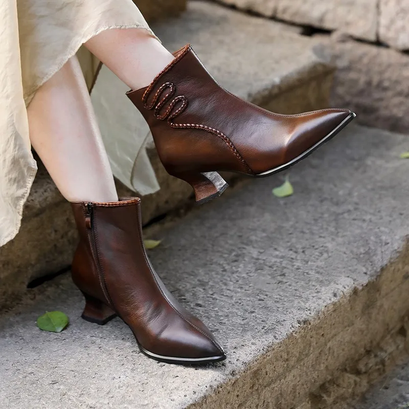 Birkuir Retro Pointed Toe Short Boots For Women Female Side Zip High Top Shoes Genuine Leather Luxury Soft Sewing Chelsea Boots image 2