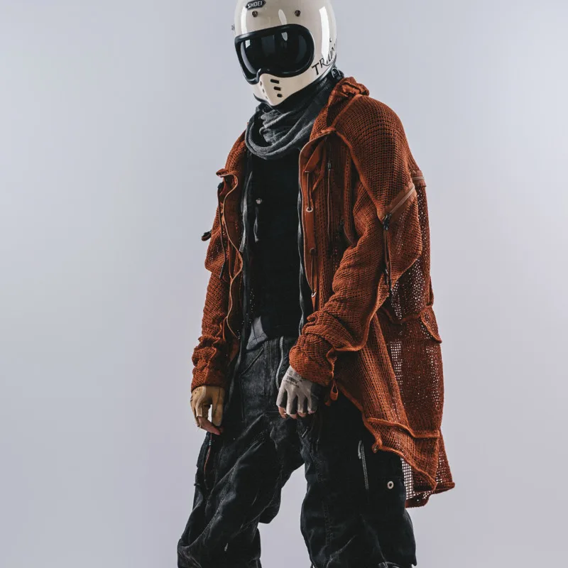 HKSH Spring New Men's Tide Sunset Orange Geometric Cut Mesh Patchwork Cold-Dyed Convertible Jacket Waste Land Style Coat HK26548