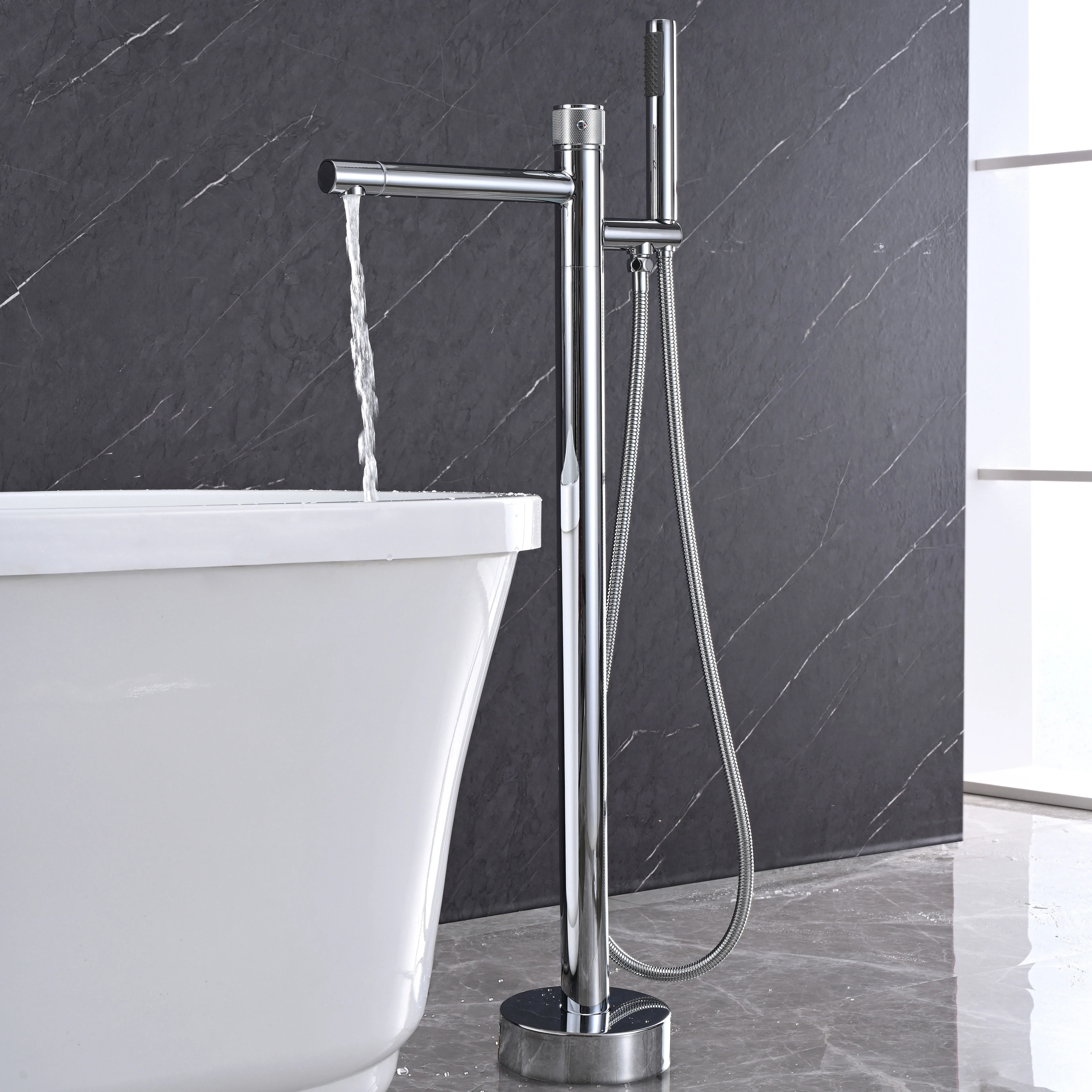 

European Style High-end Brass Two Functional Polished Chrome Color Floor Stand Soft Water Output Bathtub Faucet