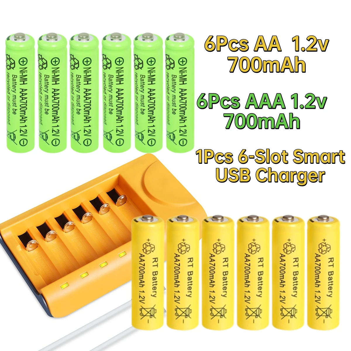 Skywolfeye 6Pcs AA and 6Pcs AAA 1.2V Ni-MH Rechargeable Batteries 700mAh with Charger 6-Slot for Everyday Device