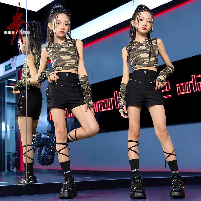 Chidren Summer Girls costume hip hop costume cotton camouflage short sleeve T-shirt Black Shorts 2 piece streetwear set Jazz per
