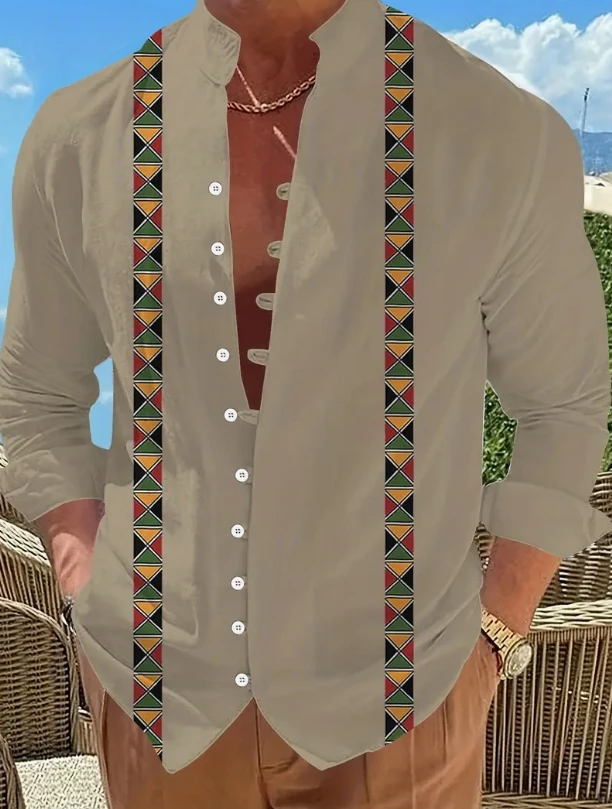New Men's Henry Collar Linen Long Sleeve Casual Shirt Ethnic Print High Quality Top Fits Everyday
