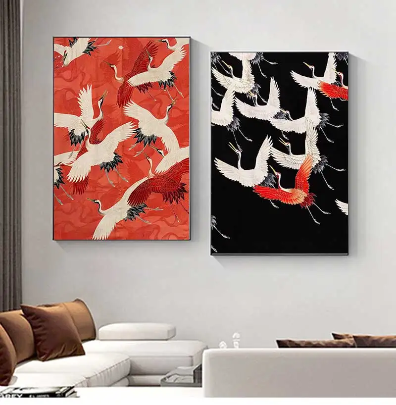 Japanese Animals Poster Black Red Crane Canvas Painting Abstract Asian Art Print Oriental Gift Wall Picture Living Bedroom Decor