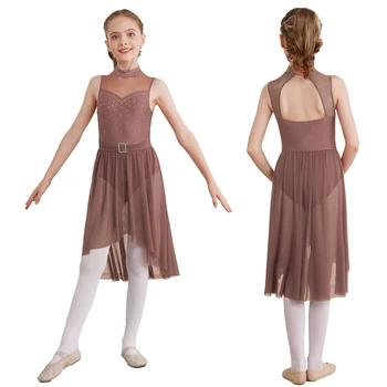 Vestito da ballo moderno lirico per bambina, senza maniche, con strass vuoti, per balletto, ginnastica, body, pattinaggio di figura, abbigliamento da ballo
